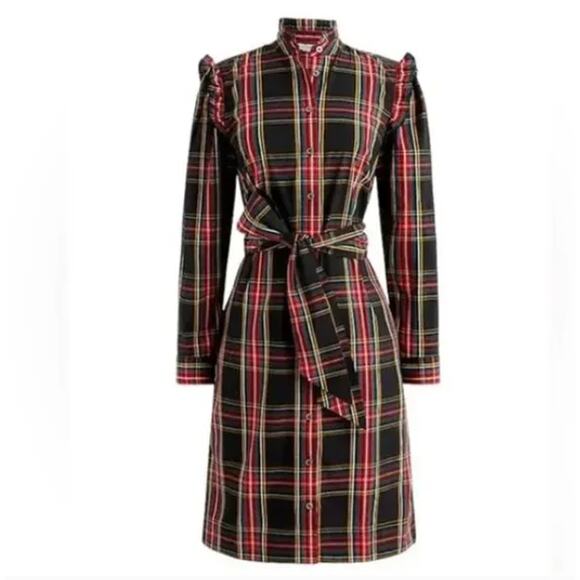 J. Crew Factory Dresses & Skirts - J. Crew Factory Stewart Tartan Plaid Ruffleneck Belted Shirtdress Size 10